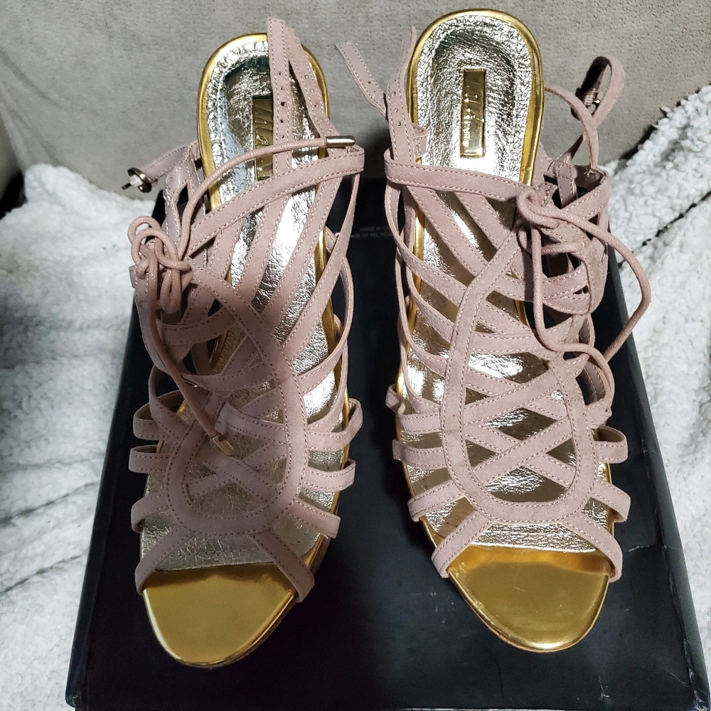 Wild pair Size 11 Tan high heel with ankle straps, tie up, & cork bottom